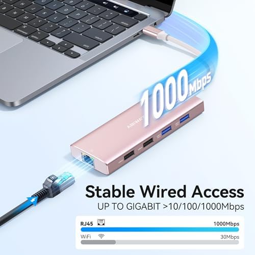 USB C Hub Adapter,10 in 1 USB C to USB HDMI Ethernet Hub with 4K@60Hz HDMI+Ethernet+4USB+1USB-C Data Port+SD/TF Card Reader+100W PD (Pink) - Image 4