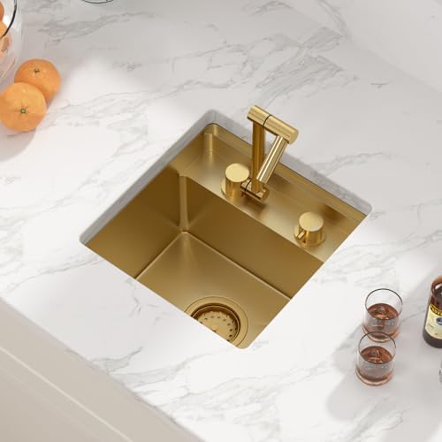 Sarlai Outdoor Sink, 15x15 Inch Gold Undermount Kitchen Sink Workstation with Foldable Faucet Bar Prep Single Bowl Gold Kitchen Sinks16 Gauge Stainless Steel BBQ Sinks with Cover 15"x15"x9" - Image 3