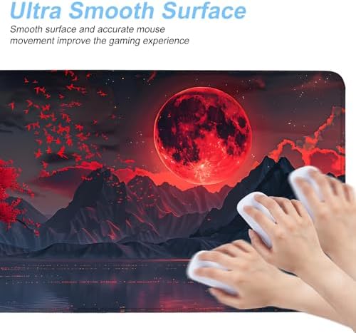 Red Moon Mouse Pad XXL – Large Gaming Desk Mat with Dark Mountain Landscape & Sakura Tree, Extended Mousepad with Non-Slip Base for Office, Gamer Setup,31.5 x 11.8 in - Image 4