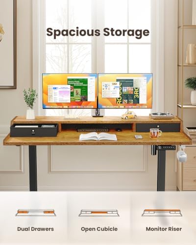 ErGear Electric Standing Desk with Drawers, 55″ x 28″ Gaming Table Compatible Monitor Stand, Stand up Desks, Home Office Height-Adjustable Desk with Storage Shelf, 4 Preset Heights, Vintage Brown - Image 5