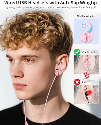 USB Earbuds with Microphone for PC Laptop,USB A Headphones,Pink - Image 4