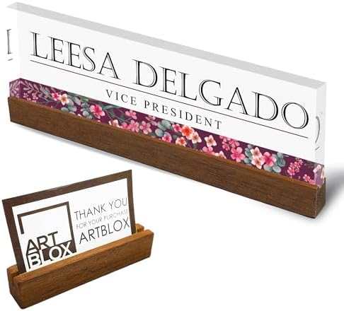 Artblox Personalized Office Desk Name Plate and Business Card Holder | Clear Acrylic Glass with Teak Wood Stand | Wild Flowers Design Customized with Your Name and Credentials Office Desk Décor by Artblox