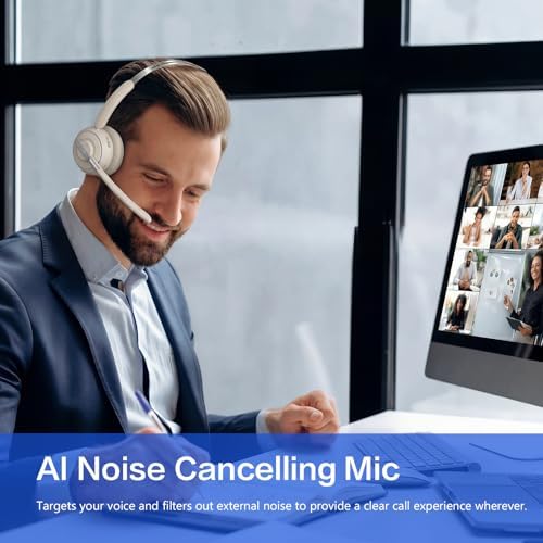 Bluetooth Headset, Wireless Headset with Mic for Work, Noise Cancelling Microphone, USB Dongle,Charging Stand, Mute Button for PC, Zoom, Teams, Office & Call Center, Cell Phones, Work from Home - Image 4