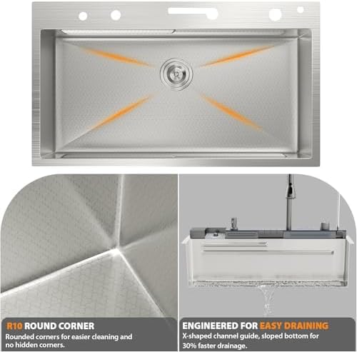 Mocoloo 33 Inch Honeycomb Waterfall Kitchen Sink Drop in, 33x19 Inch Stainless Steel Workstation Sink 16 Gauge Topmount Single Bowl Sink with Complete Kit - Image 6