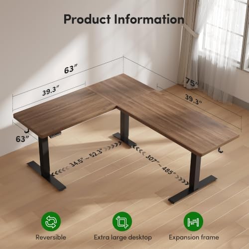 FEZIBO Triple Motors 25mm Tabletop L Shaped Standing Desk, 75" X 63" Electric Standing Gaming Desk Adjustable Height, Corner Stand up Desk with Splice Board, Black Frame/Black Walnut Top - Image 2