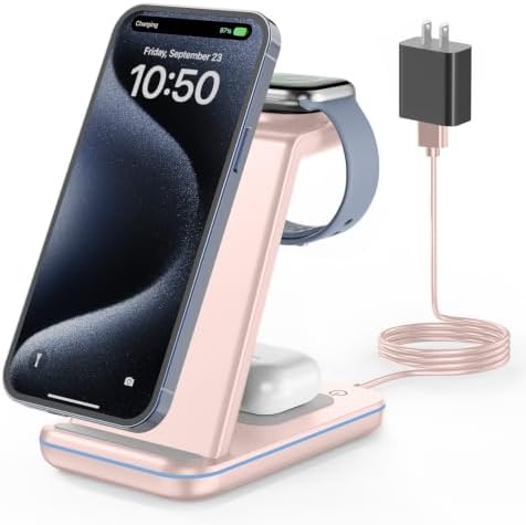 GEEKERA Wireless Charger, 3 in 1 Wireless Charging Station for iPhone Air/17/16/15/14/13/12/11/Pro Max/X/8, Phone and Watch Charger Stand for Apple Watch Ultra 3-2/11-2/SE, AirPods Pro/4/3/2, Pink by GEEKERA