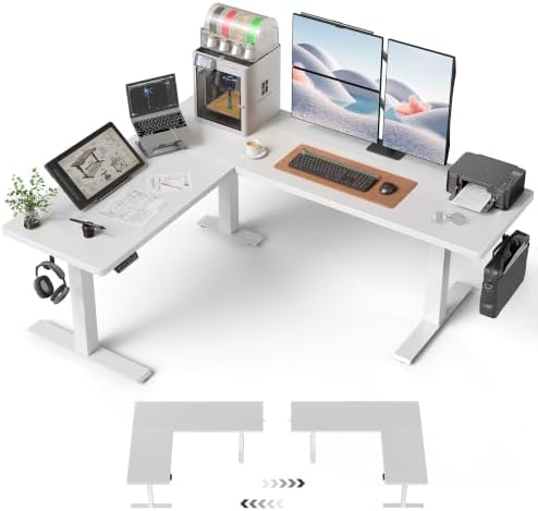 FEZIBO Triple Motors 25mm Tabletop L Shaped Standing Desk, 75" X 63" Electric Standing Gaming Desk Adjustable Height, Corner Stand up Desk with Splice Board, White Frame/White Top by FEZIBO