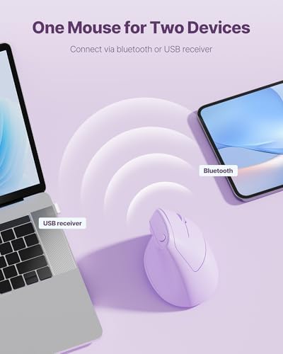 Ergonomic Mouse, USB+Bluetooth Dual Connection, Wireless Vertical Mouse for Reducing Wrist Pain, 1000/1600/2400 DPI, Ergo Mouse with Quiet Click for Windows Mac OS PC Computer Laptop, Purple - Image 2