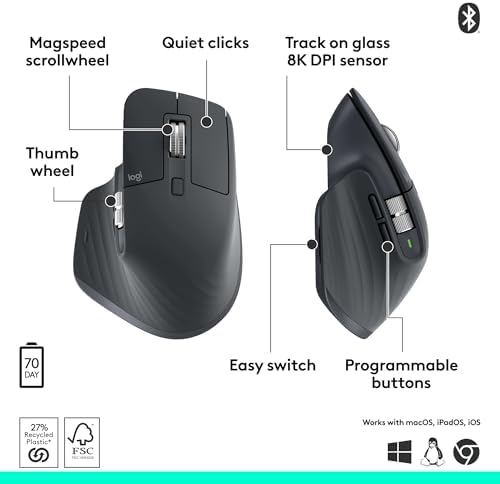 Logitech MX Master 3S Wireless Mouse, Bluetooth, 8K DPI, Quiet Clicks, Fast Scrolling, Graphite - Image 6
