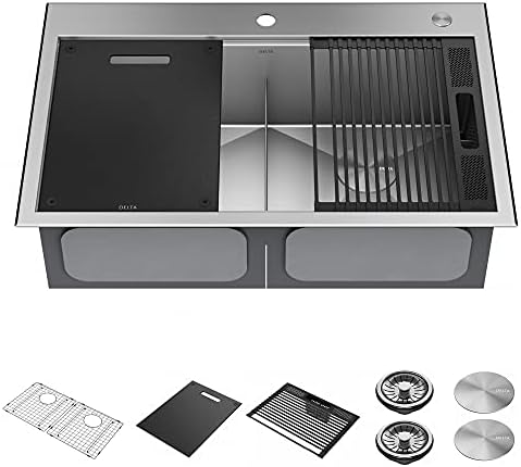 DELTA FAUCET Rivet 33-Inch Workstation Kitchen Sink Drop-In Top Mount 16 Gauge Stainless Steel 50/50 Double Bowl with WorkFlow Ledge and Chef’s Kit of 8 Accessories, 95A931-33D-SS by Unknown