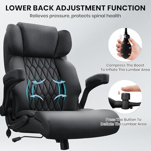 500lbs Big and Tall Office Chair Adjustable Lumbar Support for Back Pain, Extra Wide Seat Executive Office Chair Thick Armrest Pad, Heavy Duty Base&Upgraded Wheels, Ergonomic Desk Chair - Image 5