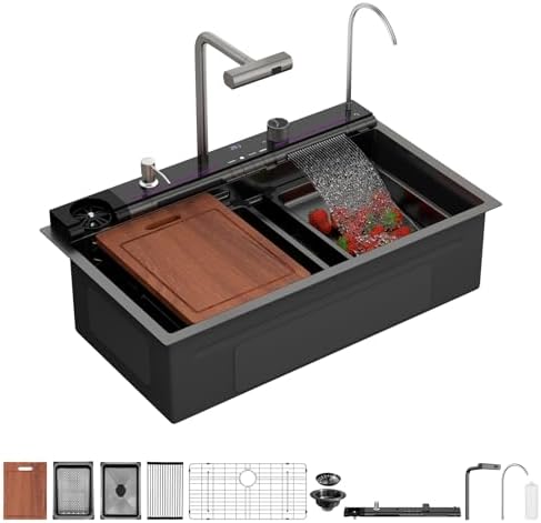 Sarlai Waterfall Kitchen Sink - 30 Inch Black Drop In Workstation Sink With Waterfall 33x19 Inch Black Stainless Steel 16 Gauge Multifunction Single Bowl Top Mount Kitchen Sinks with HoneyComb Finish by Sarlai