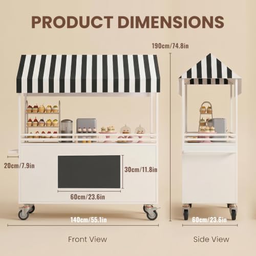 Mobile Food Cart with LED Lights & Canopy, Portable Vendor Display Stand with Lockable Wheels, Commercial Food Kiosk for Markets, Street Vending, Flea Markets, Weddings, Hotels & Snack Events - Image 2