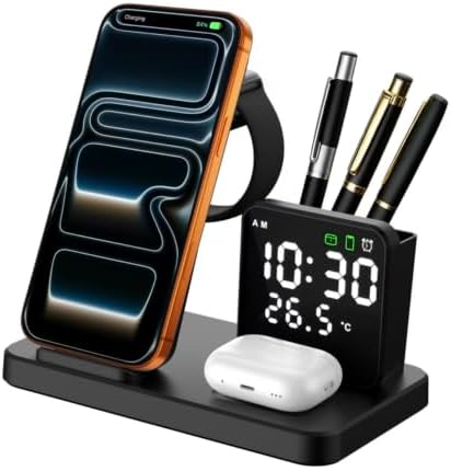 5 in 1 Wireless Charging Station with Alarm Clock Pen Holder, Fast Wireless Charger for iPhone 17/16/15/14/13/12/Pro/Max/Air, for iWatch & AirPods, Charger Stand with Temperature, Snooze Model Black by LONET