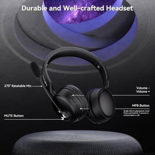 Bluetooth Headset with Microphone, Noise Cancelling Wireless Headset with Mic for Work, Bluetooth 5.3 Dual Connection, 60H Battery, Mute Button, Bluetooth Headphones with Mic for PC/Laptop/Zoom/Teams - Image 5