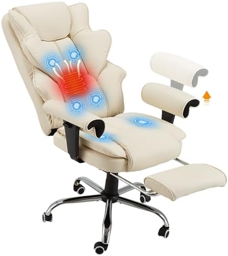 HOMREST Ergonomic Executive Office Chair, 6-Point Massage Manager Chair with Heating Function, Adjustable Backrest Home Office Chair with Adjustable Footrest and Armrests (Beige) by HOMREST