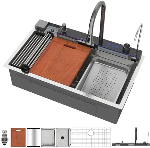 Mocoloo 33 Inch Honeycomb Waterfall Kitchen Sink Drop in, 33x19 Inch Stainless Steel Workstation Sink 16 Gauge Topmount Single Bowl Sink with Complete Kit by MocolooHome