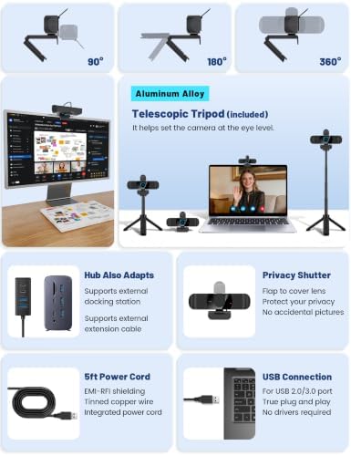 Pro UHD 4K/30fps Webcam with Tripod, External USB Camera for PC/Laptop - Image 3