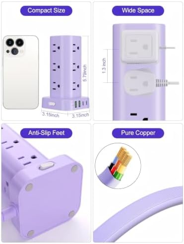 6FT Power Strip Tower Surge Protector, 12 Wide Spaced Outlets, 4 USB - Image 6