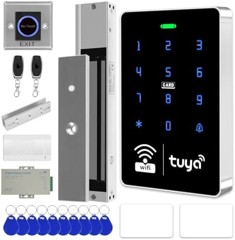 WiFi TUYA Security Access System Kit with Waterproof RFID Keypad Door Lock, App，Smart Remote Door Opener, 600-pound Electric Magnetic Lock + U, Sensor Switch, Doorbell （Frameless Glass Doors） by XYBkey