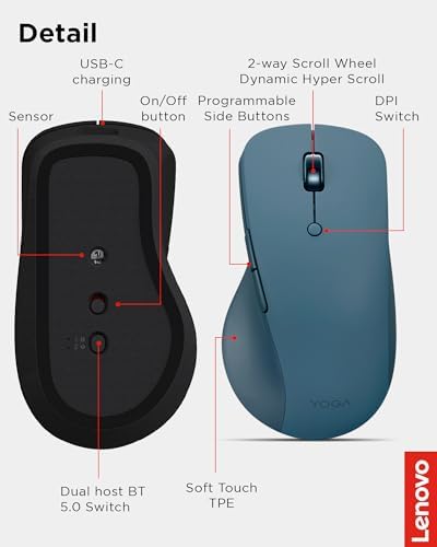 Lenovo Yoga Pro Mouse, Bluetooth, USB-C Rechargable, Dual Mode Bluetooth, 6 Button, Right Handed Design, Ergonomic Design, Programmable Buttons, 2-Way Metal Scroll Wheel, Tidal Teal - Image 7