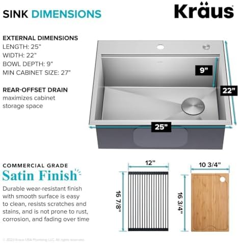 KRAUS Kore 25-Inch Drop In/Top Mount Workstation 16 Gauge Single Bowl Stainless Steel Kitchen Sink with Accessories, KWT311-25 - Image 5