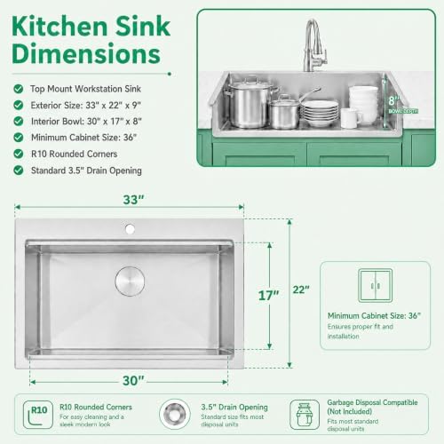Drop In Kitchen Sink 33" X 22",Single Bowl Workstation Sinks - Image 3