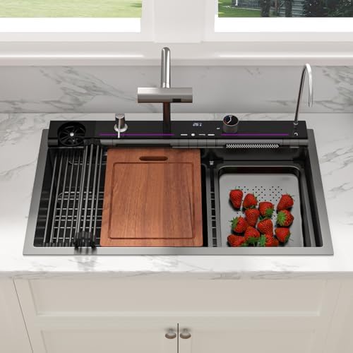 Sarlai Waterfall Kitchen Sink - 30 Inch Black Drop In Workstation Sink With Waterfall 33x19 Inch Black Stainless Steel 16 Gauge Multifunction Single Bowl Top Mount Kitchen Sinks with HoneyComb Finish - Image 2