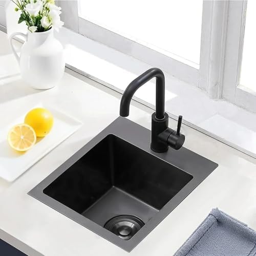 VAPSINT 15x15 Inch Black Drop In Bar Sink, Single Bowl Top Mount Handmade Gunmetal Black Wet Bar Prep RV Sink, 16 Guage Stainless Steel Outdoor Small Kitchen Sinks with Grid & Drain Strainer - Image 6