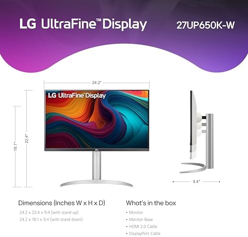 LG 27UP650K-W 27-inch Ultrafine 4K UHD (3840 x 2160) IPS Computer Monitor, 60Hz, 5ms, DisplayHDR 400, Reader Mode, Flicker Safe, HDMI, DisplayPort, Tilt/Height/Pivot Adjustable Stand, White - Image 2