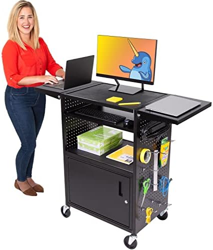 Line Leader Stellar AV Cart - Computer Cart with Customizable Pegboard & Hooks, Locking Cabinet and Tray, UL Certified Power, Mobile Workstation with Locking Wheels, Ideal for Laptop & Charger Storage by StandSteady