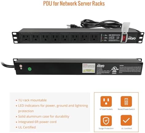 Tecmojo 1U Rack-Mount Horizontal 8-Outlet PDU, UL Listed PDU with Surge Protection LED Indicators 6ft Cord Power Distribution for IT and Network Server Racks(SKU# 13110801) - Image 6