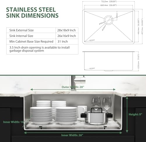 28 Inch Undermount Stainless Steel Kitchen Sink - Image 6