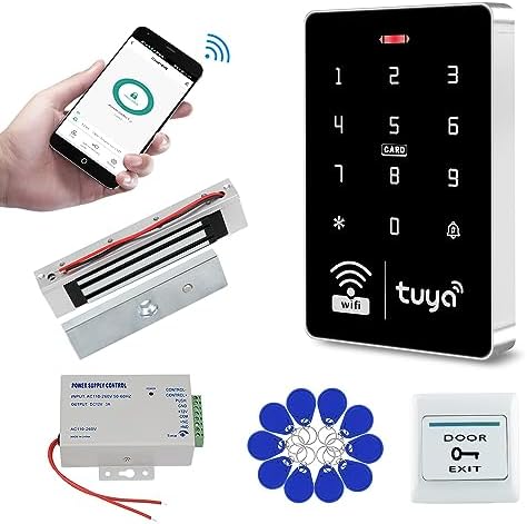 WiFi Tuya Access Control System Kit Outdoor Waterproof RFID Access Controller Touch Keypad 125KHz 13.56MHz + 180KG Electric Magnetic Lock, Smart Phone APP Password Unlock by QttyElok