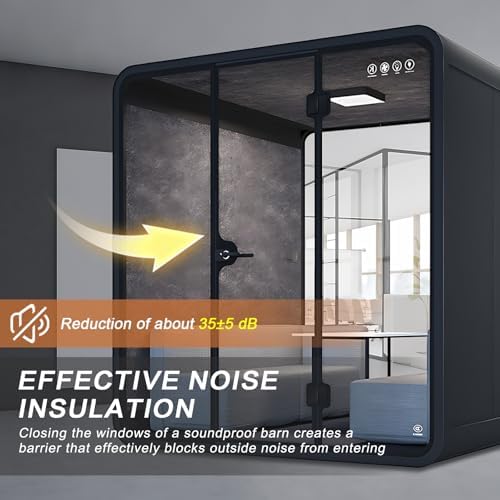 Office Sound Booth with Audio Privacy - Black Office Pod with Curved Corner Design&Small Table,Soundproof Booth Includes Central Lighting,Honeycomb Aluminum Panel,Fans for Meeting(86IN) - Image 3