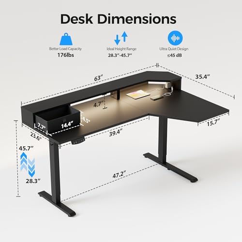 Agilestic 63*35 Inch L Shaped Standing Desk with Shelf & Led& Outlet, Black - Image 3