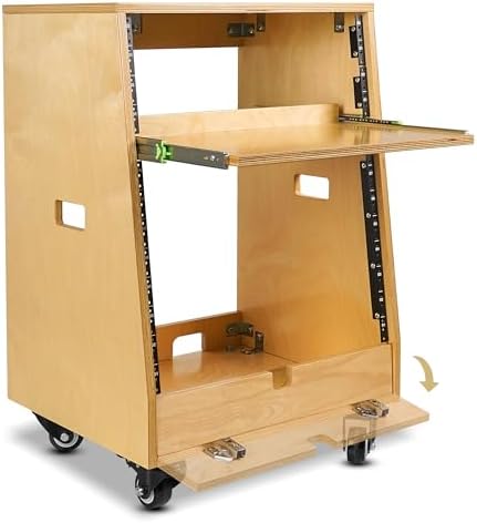Sound Town DIY Slanted 12U Studio Rack (4U Top + 8U Lower), with 2U Bottom Storage, Slide-Out Tray, Caster, Plywood, Golden Oak for Recording Room, Home Studio (SDRK-ST12T) - Image 4
