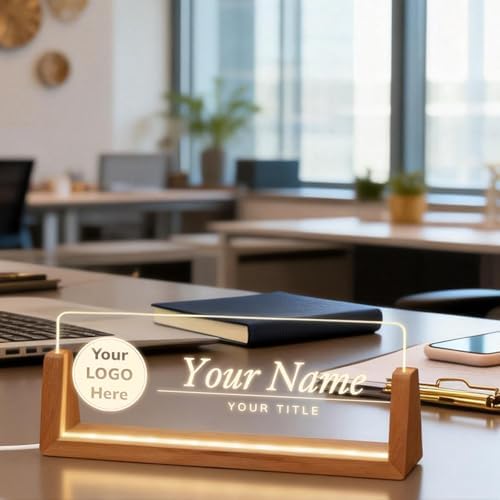 Personalized Light Up Acrylic Desk Name Plate - Custom Name Plate for Desk with Walnut Wood Base - Appreciation Office Gifts for Employees, Teacher, Social Worker (LOGO) - Image 2