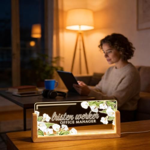 Personalized Light Up Acrylic Desk Name Plate - Custom Name Plate for Desk with Walnut Wood Base - Appreciation Office Gifts for Employees, Teacher, Social Worker (White) - Image 3