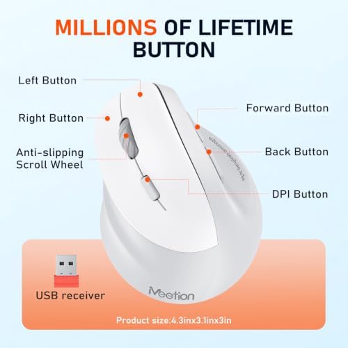 MEETION Left-Handed Wireless Ergonomic Vertical Mouse, Rechargeable - Gray - Image 6