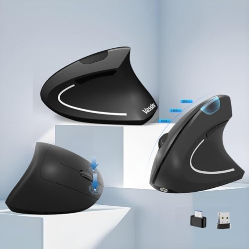 Vassink Ergonomic Mouse, Rechargeable Wireless Mouse,2.4GHz Rechargeable Wireless Vertical Optical Mice with USB Receiver, 6Buttons, 800/1200/1600 DPI, for Laptop, PC, Computer - Image 6