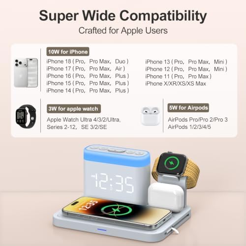 ANJANK Wireless Charging Station with Alarm Clock & Night Light,Magnetic 5 in 1 Charger Stand for Multiple-Device,Charging Dock for iPhone 17 16 15 14 13 12 Pro Max Plus,Apple Watch,Airpods,Nightstand - Image 3