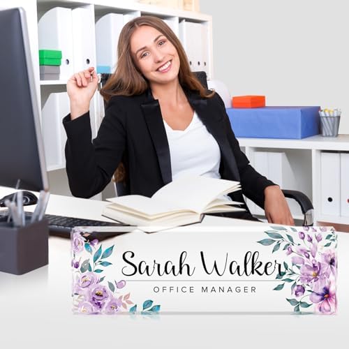 Custom Name Plate for Desk - Desk Name Plate Personalized - Acrylic Office Desk Accessories - Appreciation Gifts for Coworkers Employee Teacher Staff Boss - Office Decor for Women (Purple Flowers E) - Image 3
