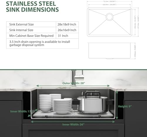 28 Inch Black Undermount 16 Gauge Stainless Steel Kitchen Sink - Image 7