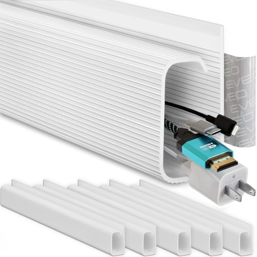 EVEO Cable Management 96'' J Channel- 6 Pack Cord Cover- Cable Raceway- Cable Management Under Desk with Adhesive Stripe Built-in 6 X 16in- Easy to Install Desk Cord Organizer- Cable Raceway, White by EVEO