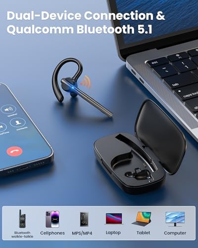 New Bee Bluetooth Headset V5.1 72H Talk Time Dual Mic with Mute Button for Business, Wireless Hand-Free Bluetooth Earpiece with 500mAh Charging Case for Cell Phone Calls Trucker Driver Laptop - Image 6