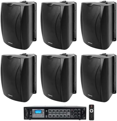 Rockville RCS180-6 Bundle: 180W 6-Zone 70V Commercial Amplifier with Bluetooth, (6) WET-5B 70V 5.25 in IPX55 Indoor/Outdoor Wall Speakers, Swivel Brackets, Waterproof, 7-Items by Rockville