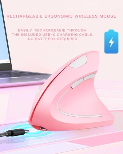 Ergonomic Mouse Wireless, Rechargeable Mouse Silent for Carpal Tunnel Right Hand, 2.4GHz USB Vertical Mouse Wireless for Laptop etc, 3 Adjustable 800/1200/1600 DPI, Pink - Image 3