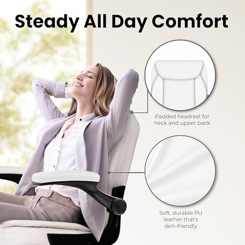 NEO CHAIR PU Leather Office Desk Chair with Adjustable Arms, All White - Image 5