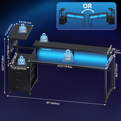 DUMOS 59" Gaming Desk with USB Charging Ports & LED Lights, Black - Image 3